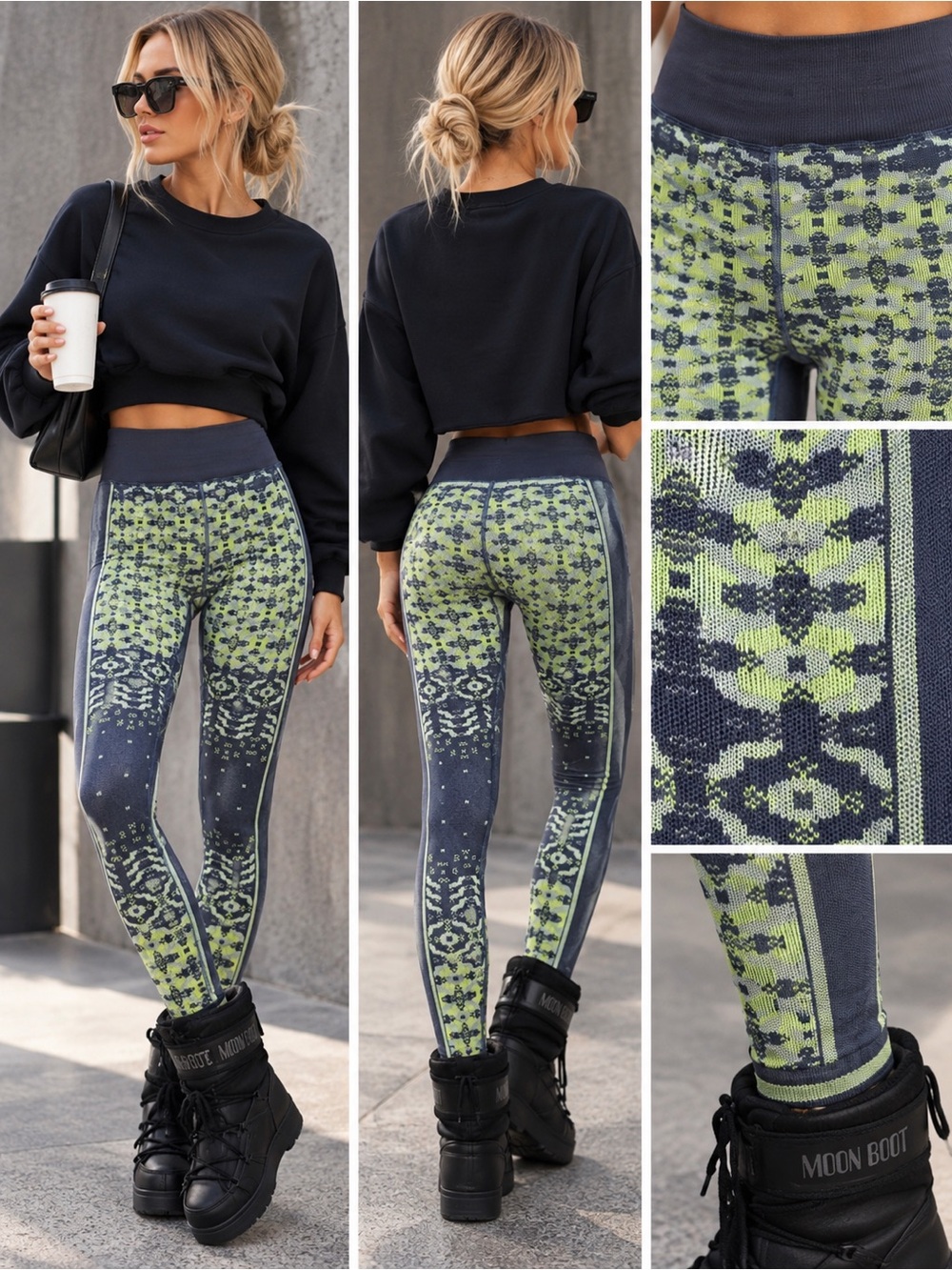 Free People FP Movement Myoko Jacquard Base Leggings Navy XS/S NWOT